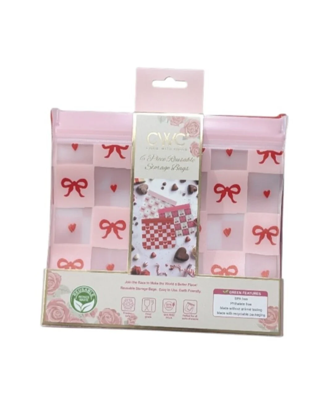 6PC Reusable Storage Bags with Red Bow & Heart Pattern